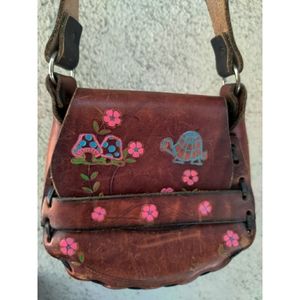 Vintage leather purse with Turtle, mushrooms